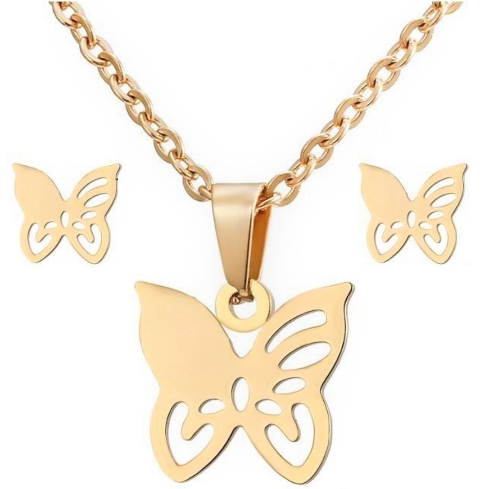 NEW Gold Butterfly Necklace Earrings Set - Picture 2 of 6